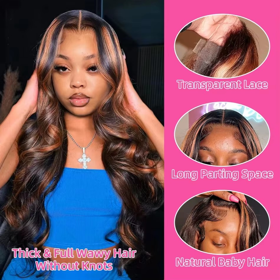 Human Hair Wigs - Wig Rambut Asli Highlight Ombre 13x4