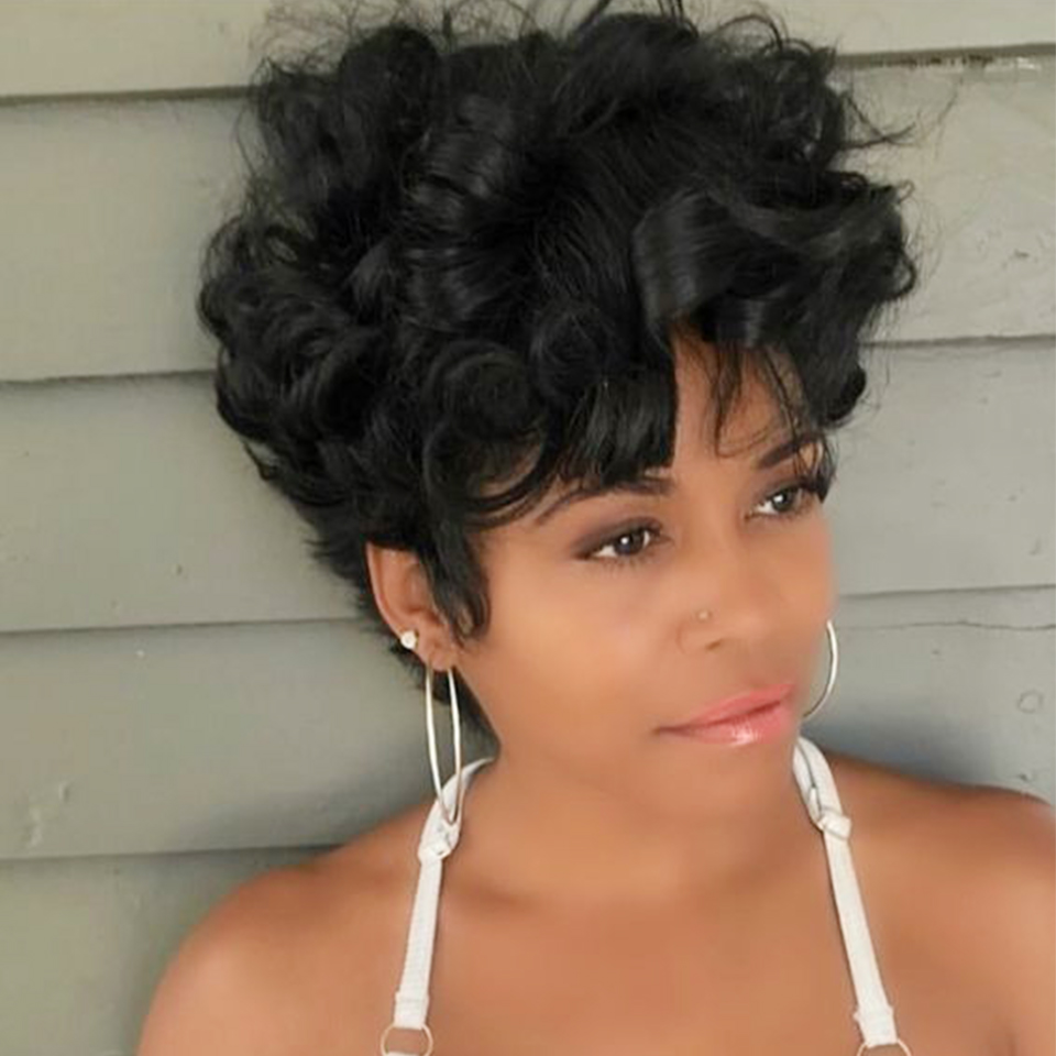 Short Pixie Cut Wig Human Hair Cheap - Wig gelombang alami Bouncy rambut manusia