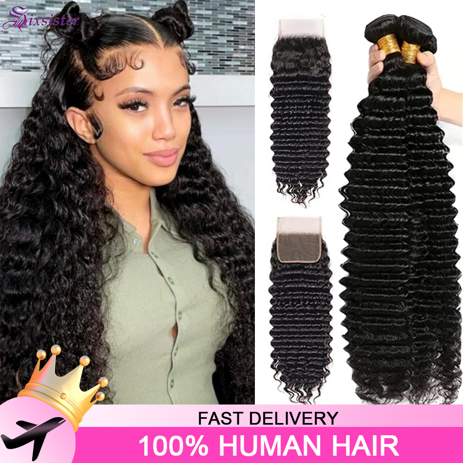Rambut Manusia Deep Wave denga - Deep Wave 3 Bundles With Closure ulasan dan harga