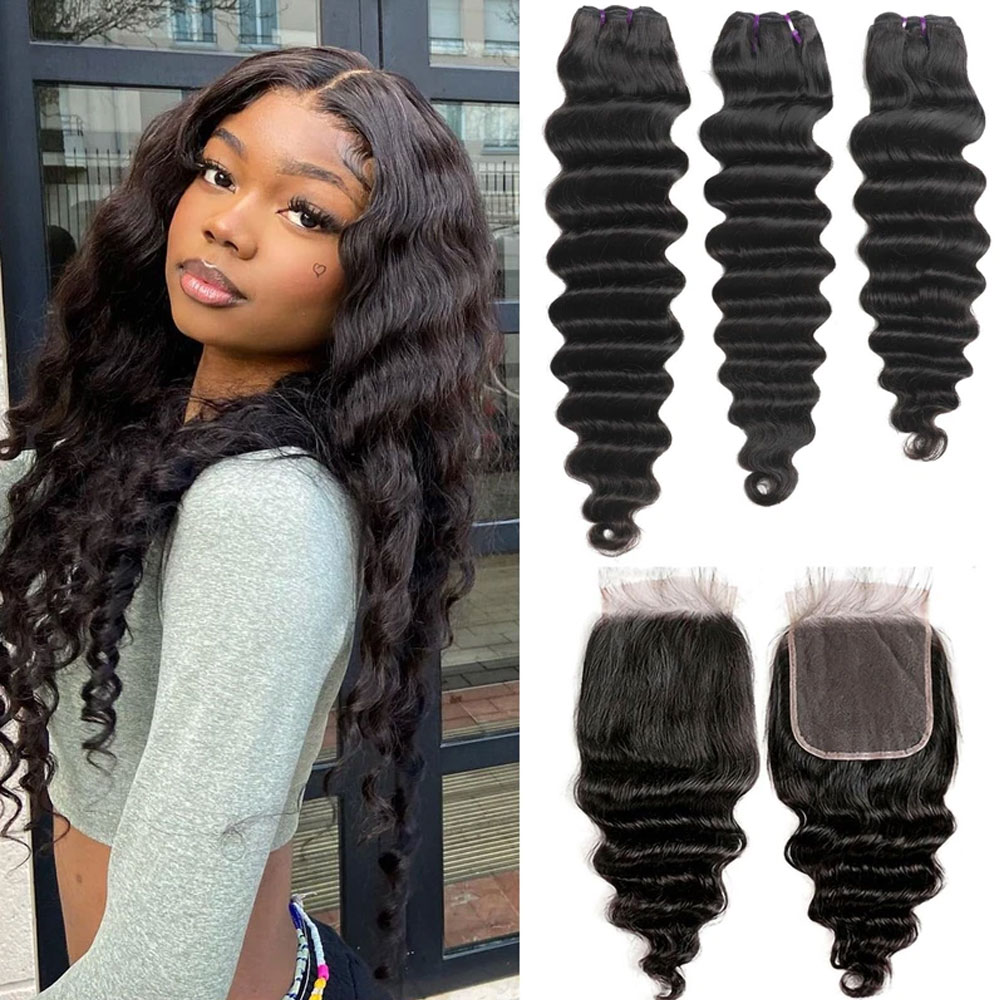 Rambut Manusia Loose Deep Wave - Deep Wave 3 Bundles With Closure ulasan dan harga